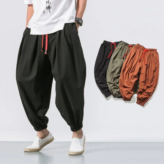 New Trendy Men Harem Pants Loose Oversized Style Cotton and Linen High Quality Jogger Sweatpants Casual Male Trousers.