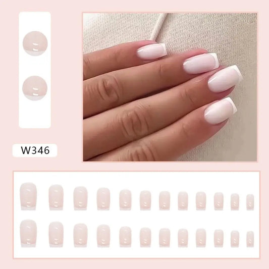 24PCS Short Square False Nails French White Edge Fake Nials Silver Flame Full Cover Press On Nails Detachable Ballerina Nail Tip.