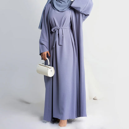 2 Piece Open Abaya for Women Long Hijab Dress Ramadan Eid Crepe Islamic Clothing Dubai Turkey Party Kaftan Outfit Muslim Set.