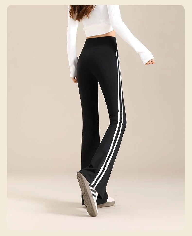 Womens High Waisted Yoga Fitness Leggings American Style Running Butt Lift Stretch Gym Workout Fashion Striped Flared Leggings.