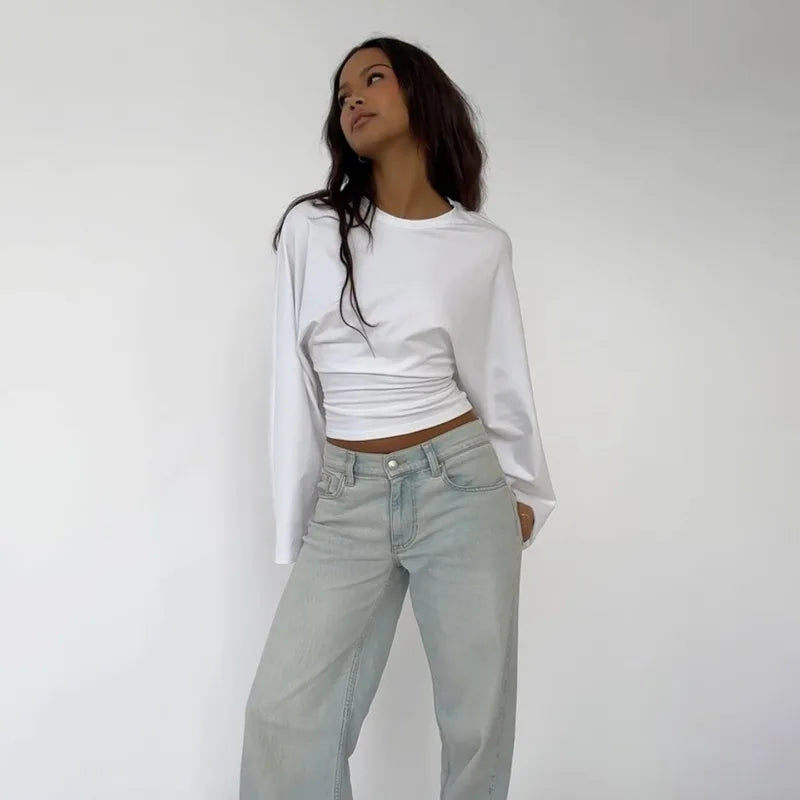 Trendix Basic Long Sleeve Crop Tops Women Summer O Neck Loose Casual Solid Pullover Top Ladies Street Party Club Fashion T Shirt