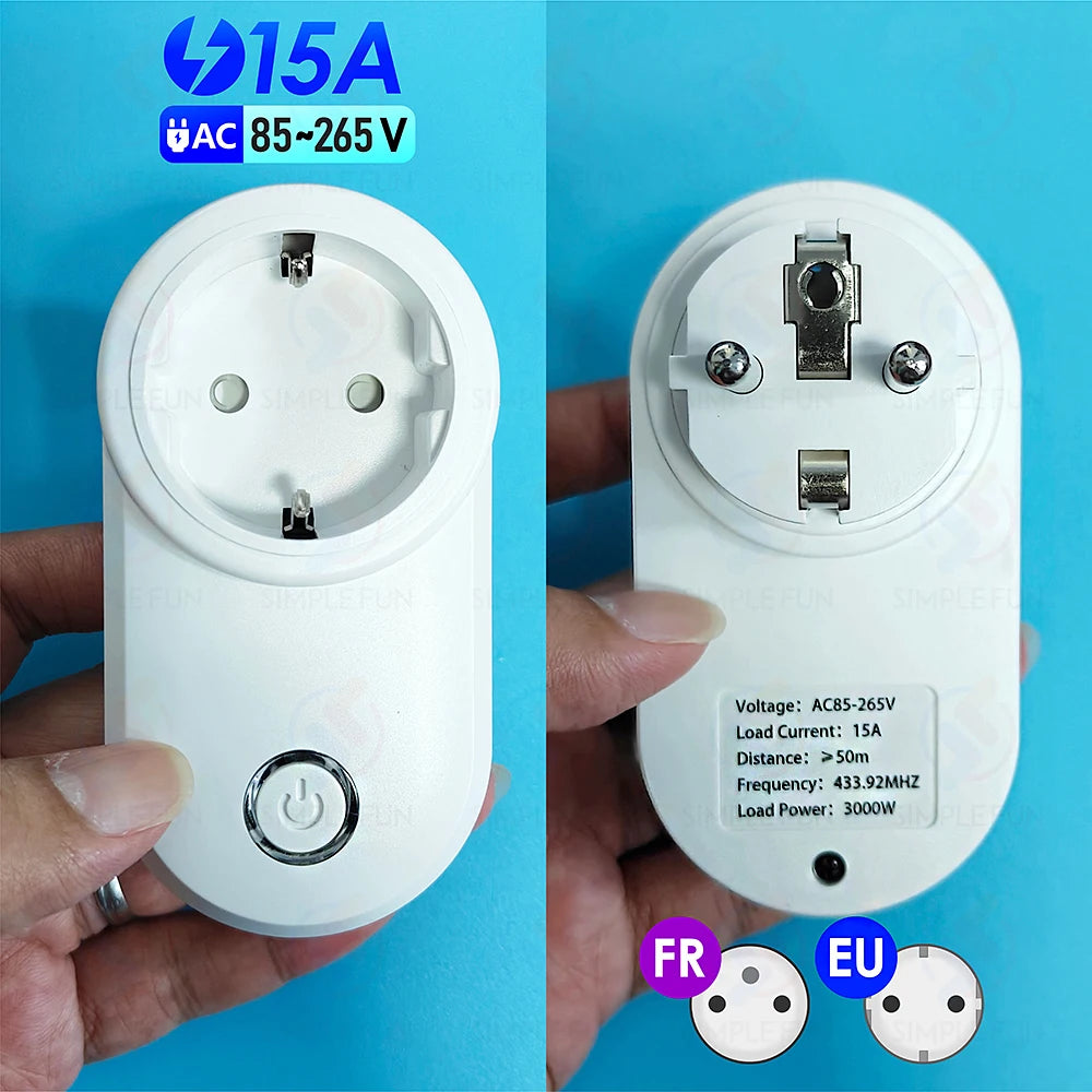 Drahtlose Fernbedienungssteckdose 220 V 110 V EU FR Smart Plug, 50 m Reichweite, Steckdose 15 A für Haushaltsgeräte-Lichtventilator.
