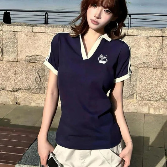 Deeptown Vintage Embroidery Women T-Shirts Striped Short Sleeve American Style Polo Neck Tees Slim Preppy Gyaru Summer Youthful.