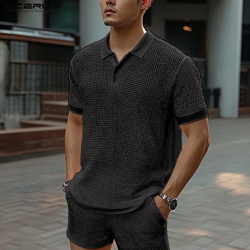 Men Short Sets Fashion Hollow Out INCERUN Two-piece Suits  Men's Sets Streetwear Short Sleeve Tops Shorts Men's Clothing Summer.