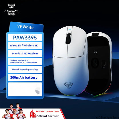 New Aula V9 Ultra Wireless E-sports Gaming Mouse Double 8k 3mode PAW 3950 8k 55g Lightweight Ergonomic Mouse Custom PC Accessory
