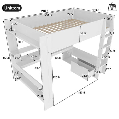KOMHTOM Gaming Hochbett, Weiß, mit Schreibtisch, LED-Leuchten, Schublade und Regalen - Ohne Matratze