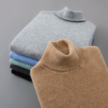 2025 Autumn/Winter High Collar Men's 100% Pure Wool Stylish Youth Loose Knitted Outerwear Flip Collar Casual Base Men's Sweaters.