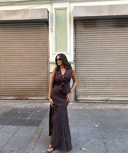 ETJ 2025 spring new  women's elegant fashion same color splicing small pleated hem high waist knit skirt.