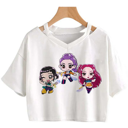 Kpop Demon Hunters Girls O-Neck Casual Women Summer Shirts Crop T-shirt.