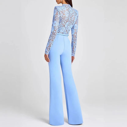 Jacquard Lace High-waisted Women Jumpsuit Embroidery Crochet Office Straight Playsuit Sexy See Through Hollow Flare Pants Romper.