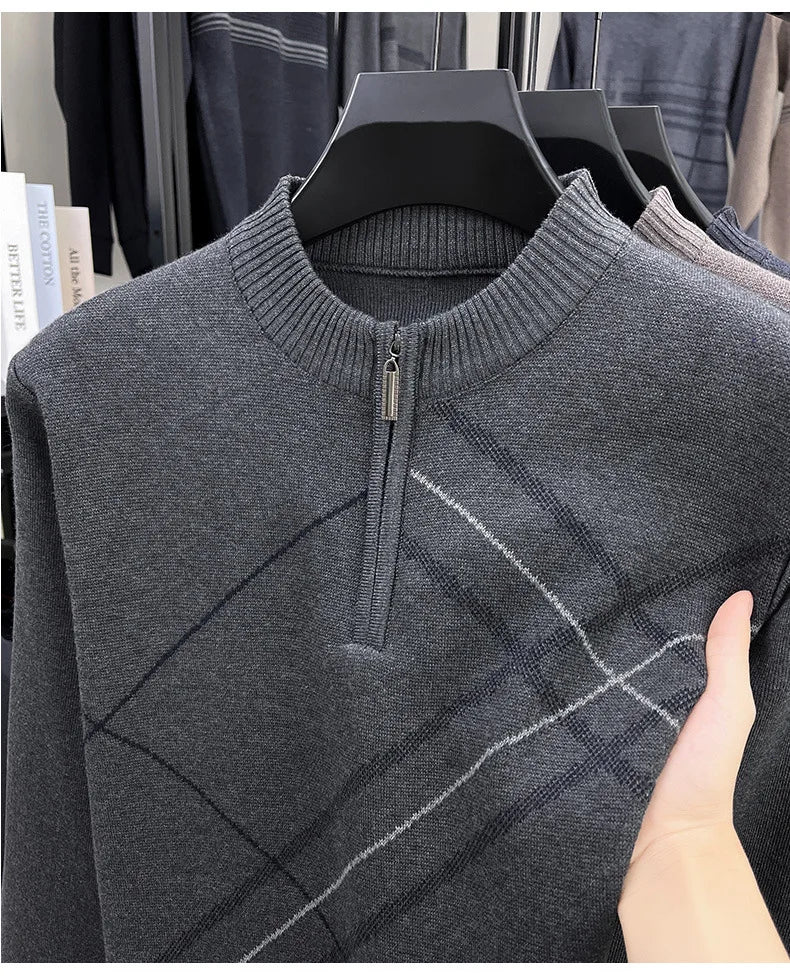 Men's New Thickened Turtleneck Knitwear Autumn Winter New Zipper Solid Color Sweater Middle Aged Warm Knit Top