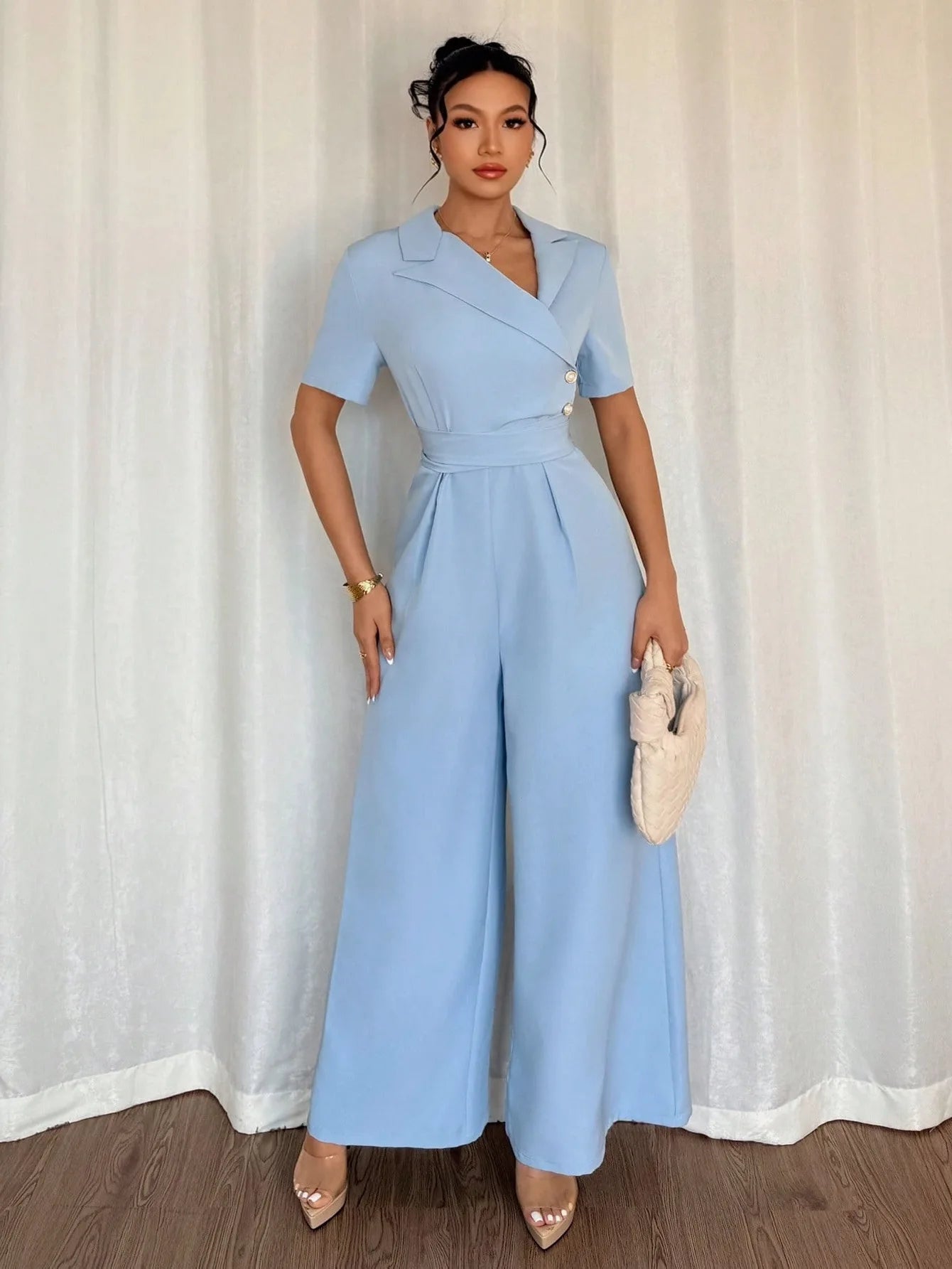 Elegant Blue Wrap Waist Belted Slim Fit Jumpsuit for Women Spring Summer Commute Style Polyester Fabric Three Quarter Sleeve.