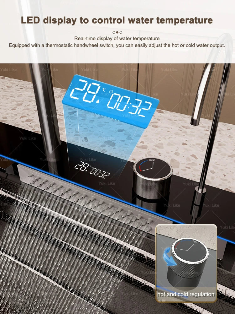 Stainless Steel Kitchen Sink with Waterfall Extra Large Single Slot Digital Display Dishwashing Basin Includes Sinks 100x50cm