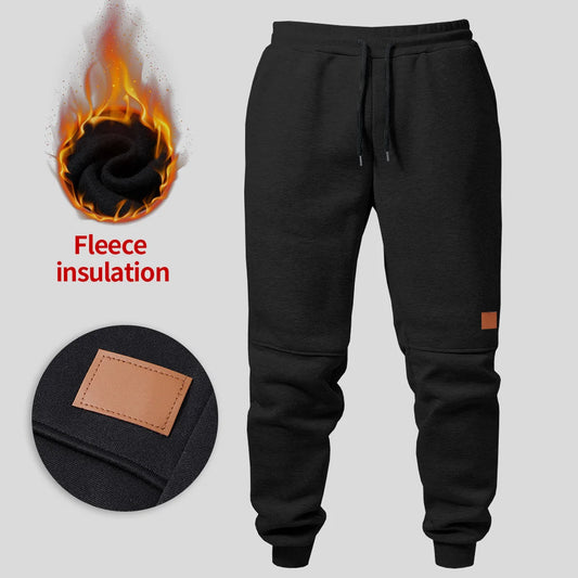 Men's fleece-lined ankle-length pants, autumn and winter drawstring waist sports sweatpants, with leather label running pants.