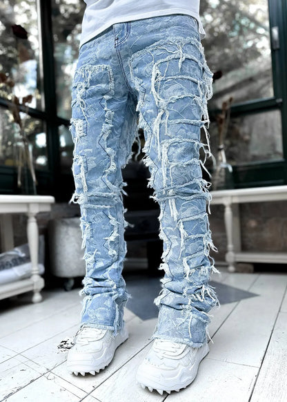 Men's Regular Fit Stacked Jeans Ripped Slim Fit Patch Distressed Destroyed Straight Denim Pants Hip Hop Streetwear Trouser Cloth.