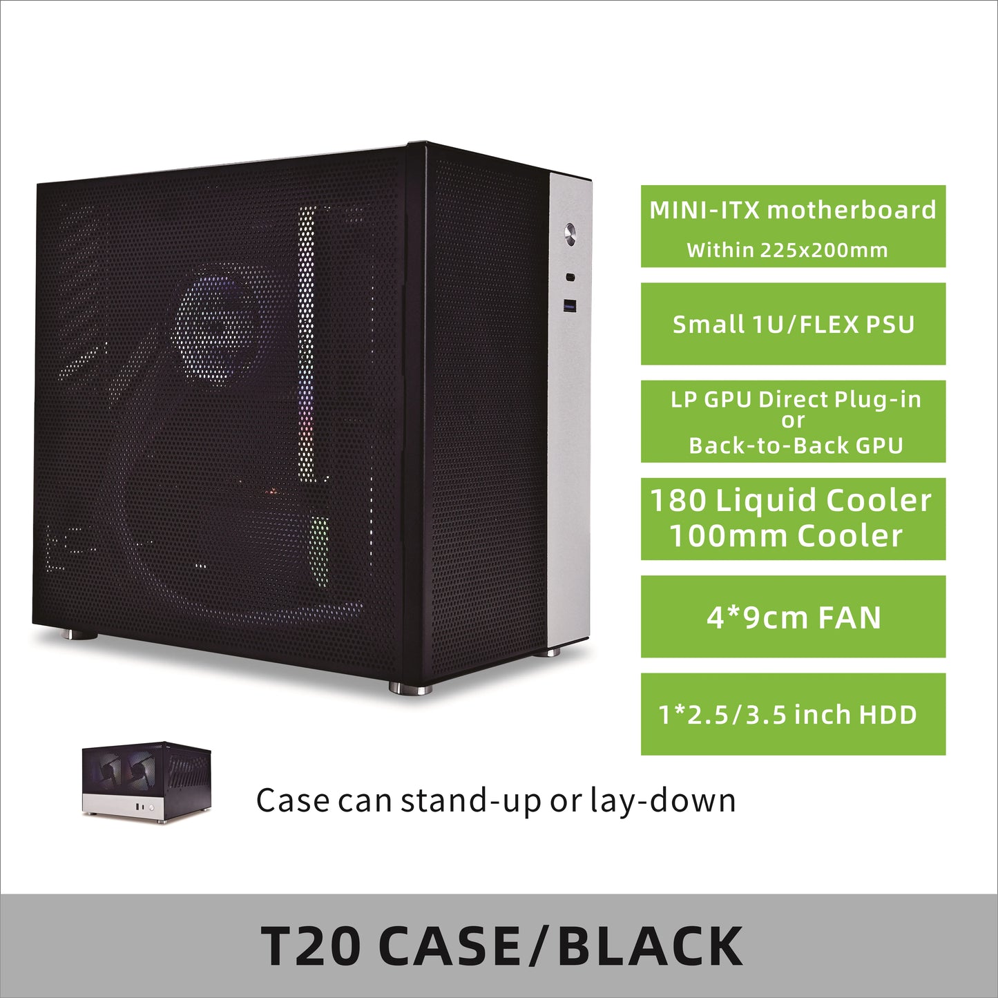 METALFISH T20 Mini ITX White Case 9L Compact PC Chassis Support Flex PSU/240mm GPU/100mm Cooler/180 Liquid Cooler