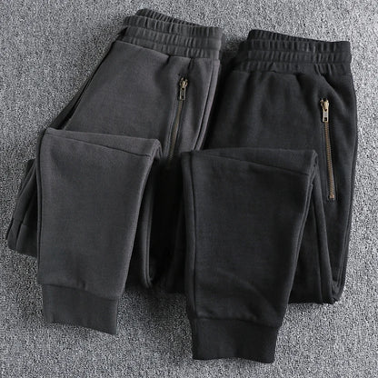 Autumn Winter American Retro Thick Sweatpants With Velvet Men's Pure Cotton Washed Heavyweight Knitted Sports Ankle-tied Pants.