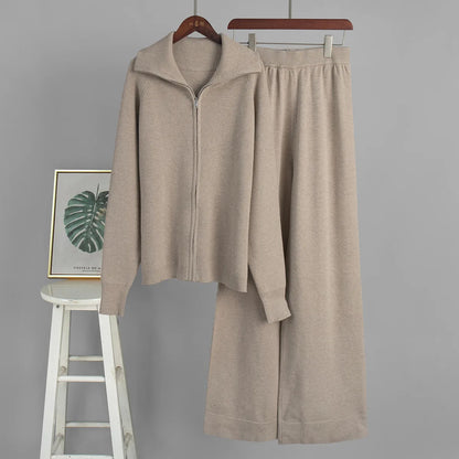 Tornova Zipper Strickjacke Pullover Anzug Weibliche Gestrickte Langarm Casual Mantel Breitbeinig Hosen Pullover frauen Zwei Stück Set