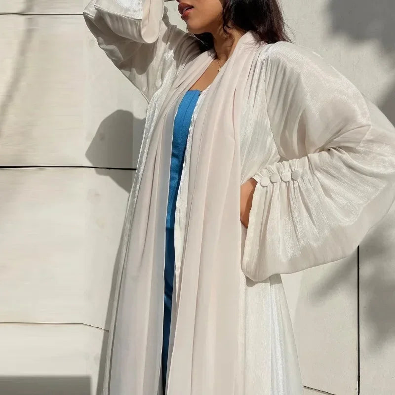 2025 Ramadan Satin muslimischen bescheidenen Kleid arabische Frauen öffnen Abaya Dubai islamische Langarm Cardigan Kleidung Truthahn schlichte Robe.