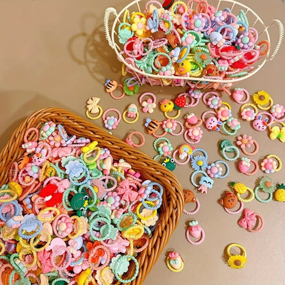 30pcs girls high elastic hair band does not hurt hair, cartoon animal flowers and fruit decorative hair band, decorative hair se.