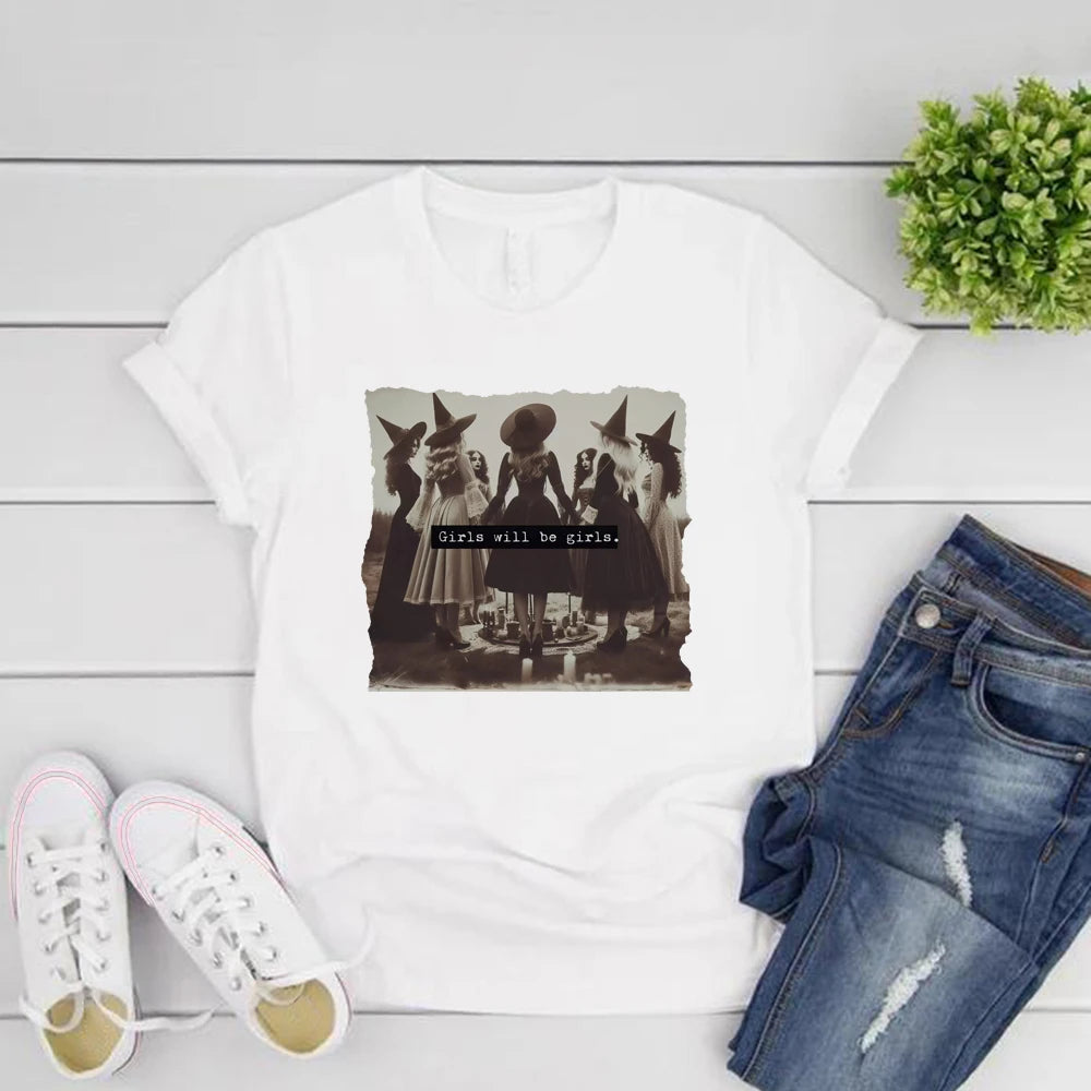 Vintage Girls Will Be Girls Hexen-T-Shirt, lustiges Hexen-T-Shirt, Halloween-Damen-Shirt, kurzärmeliges Streetwear-T-Shirt, Witchy Vibes Top.