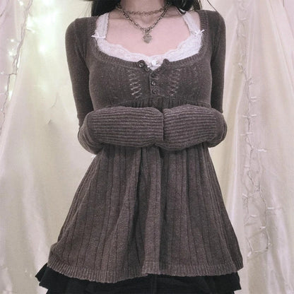 2000er Jahre Vintage Langarm Babydoll Strickpullover Tops Cottage Milkmaid Pullover Ästhetische Grunge Y2k Strickwaren T-Shirts Damen