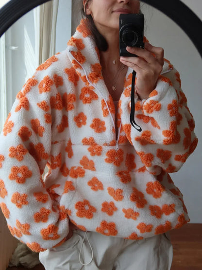 Sumuyoo Autumn Winter Women's Sherpa Floral Pullover Hoodies Half Zip Style Loose Fit Warm Stylish New Sweatshirt.