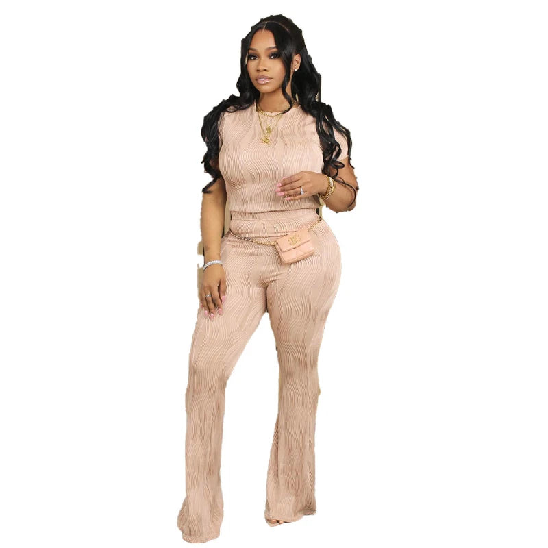 Two Piece Sets Women Pants Set Matching Sets Short Sleeve Solid Casual Tops Long Pants High Waist Bodycon Y2k Streetwear 2025.