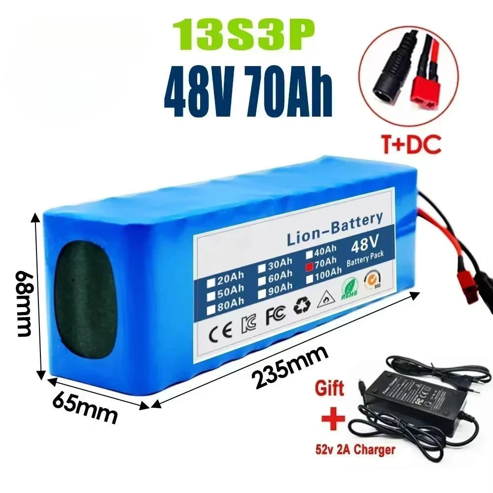 Gaiaray 2025 New 48V 100Ah 2000W 13S3P DC/T Lithium Ion Battery Pack Suitable for 48V motors with BMS+54.6V Charger.