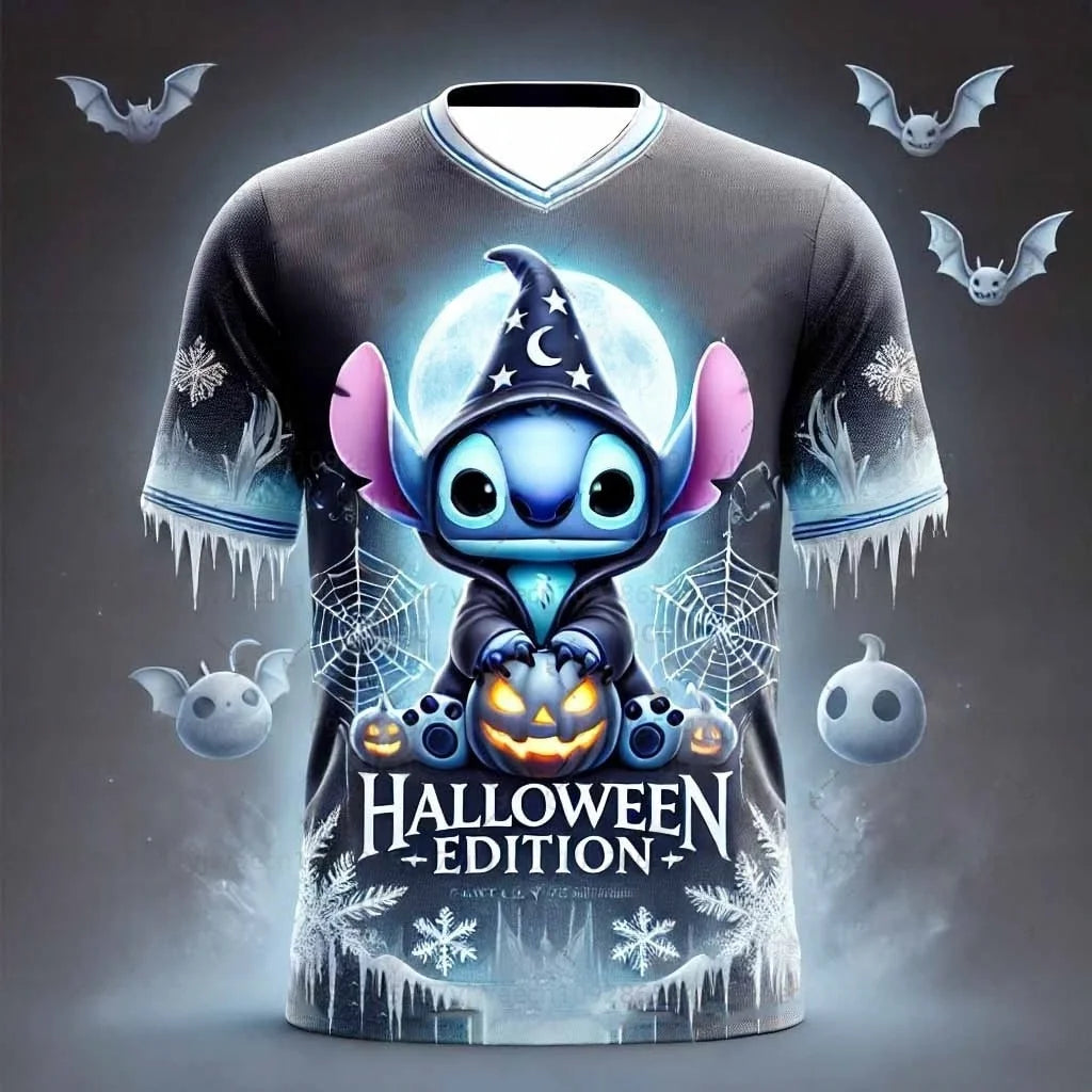 Disney Women's Men's Sports Jersey Halloween Stitch Print Short Sleeve Summer Graphic Tee Children Cartoon Size Sport T-Shirt.