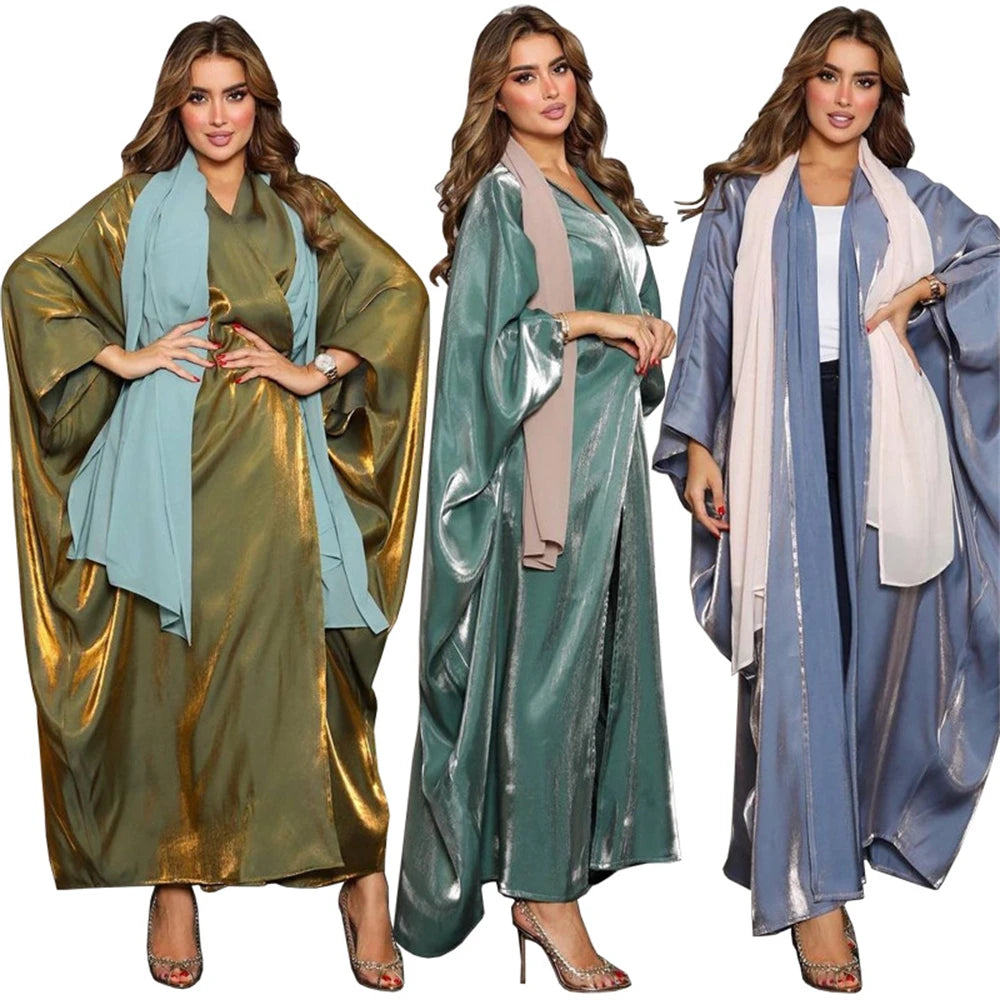 Ramadan Dubai Pink Satin Modest Open Butterfly Batwing Kimono Abaya Cardigan Islam Muslim Dress For Women Kebaya Robe Musulmane.