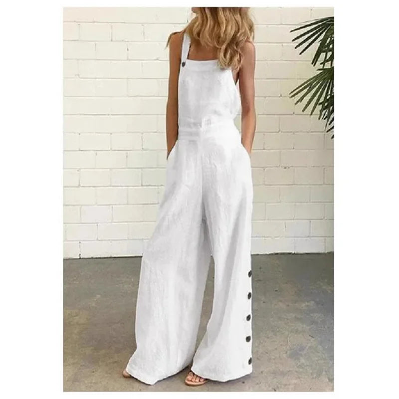 New 2021 Women's Solid Color Sleeveless Side Button Wide Leg Pocket Casual Jumpsuit Comfortable One-Piece Suiting Pants.