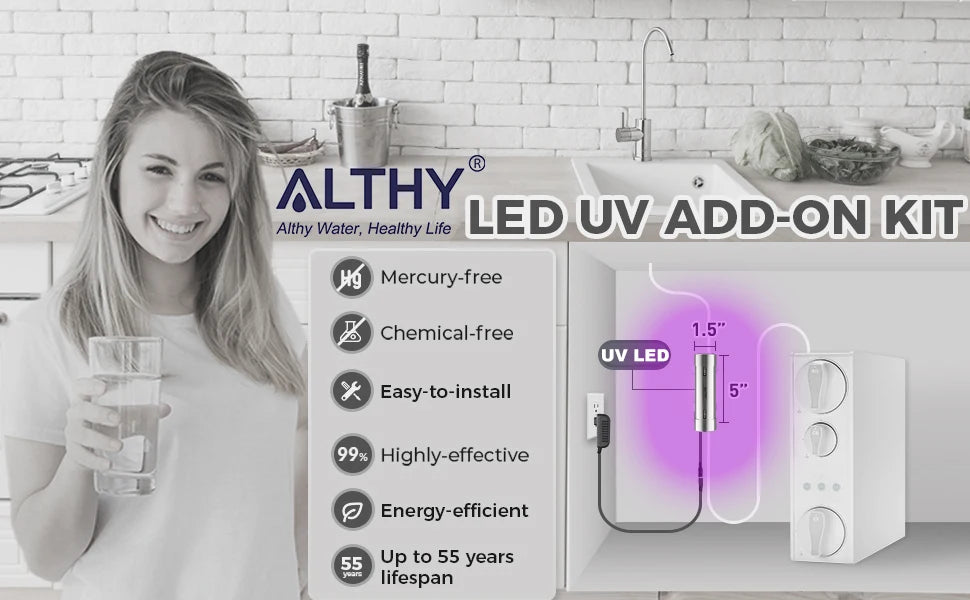 ALTHY LED UV Ultraviolet Water Sterilizer For Under Sink Water Filter / RO Purifier System Mercury-Free Stainless 50 Year Life.