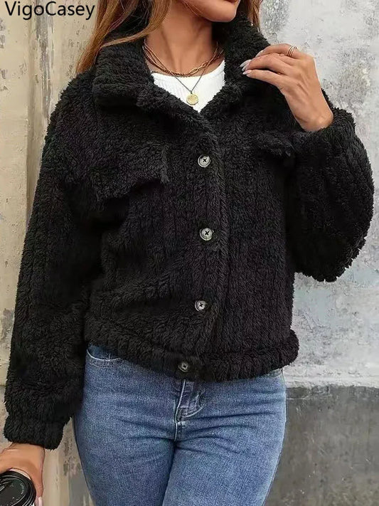 VigoCasey 2025, Herbst Winter Frauen Schwarze Jacke Einreiher Langarm Dicken Plüsch Warme Mantel Solide Dame Beiläufige Kurze Mantel