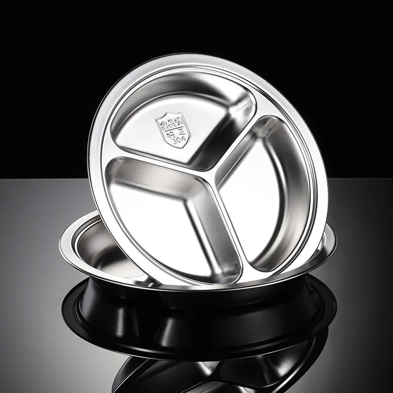 3 Grid Satinless Steel Food Plate Round School Kids Dish Trays Meal Sharing Dishes Set Service Table Student Main Dining Cutlery.