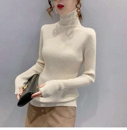Women Clothing Fashion Elegant Turtleneck Pullover Autumn Winter Solid Slim Long Sleeve Sweater Office Lady Casual Dignified Top.