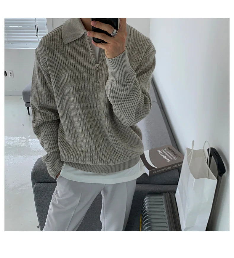 Half Zipper Sweater Men's Autumn and Winter Japanese Retro Korean Lapel Sweater Loose Casual Thread Trend.