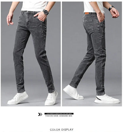 2024 New Men's Skinny Jeans Blue Gray Cotton Elasticity Straight Pencil Foot Slim Fit Fashionable Casual Denim Long Pants Male