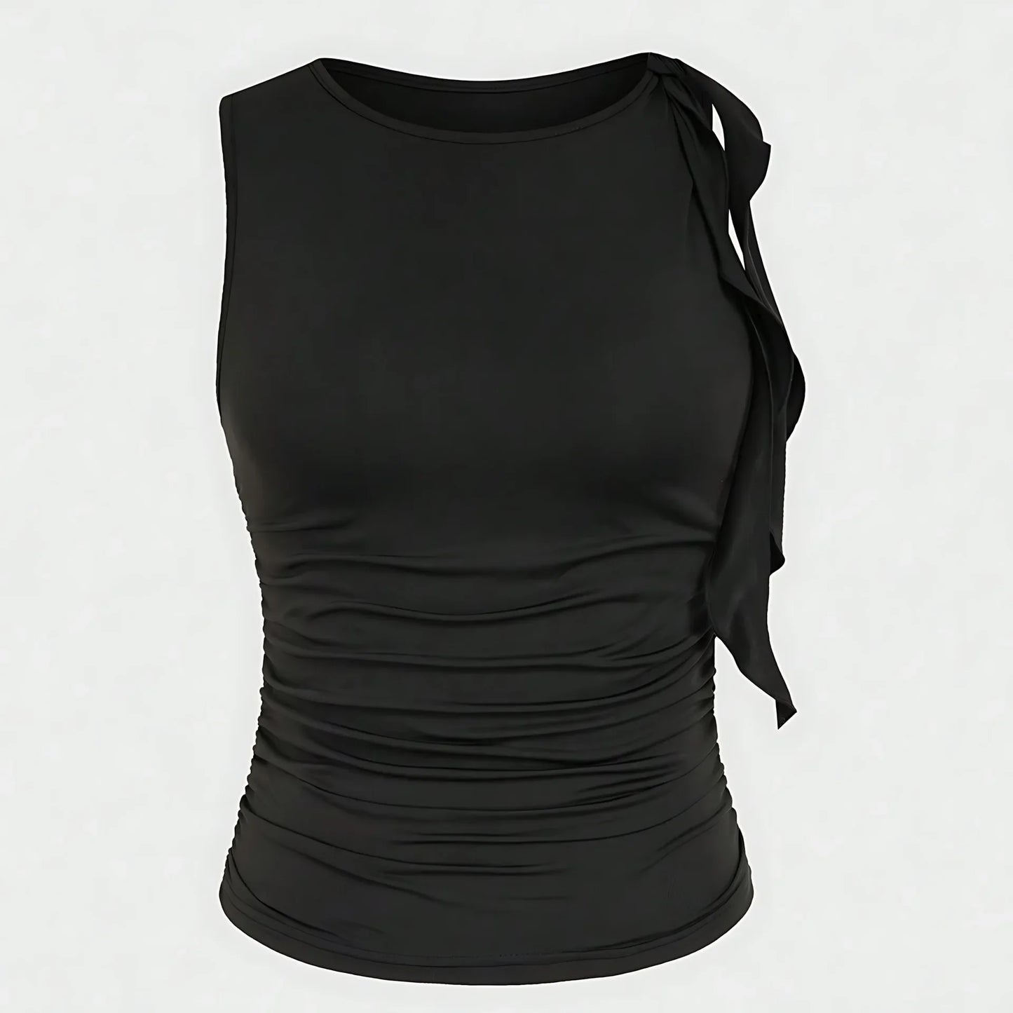 Slim Fit Basic Style Sleeveless round Neck Wrap Single Shoulder Vest Summer Waist Pleated Design Sexy Collarless Tank Top.