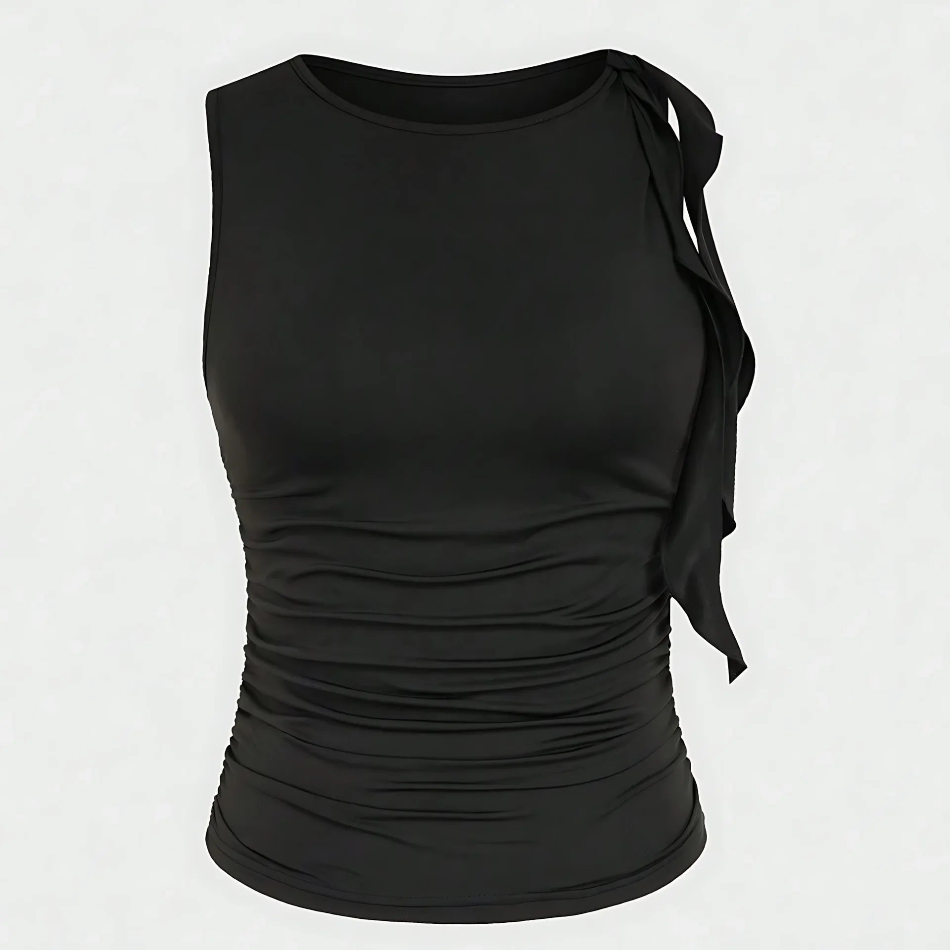 Slim Fit Basic Style Sleeveless round Neck Wrap Single Shoulder Vest Summer Waist Pleated Design Sexy Collarless Tank Top.