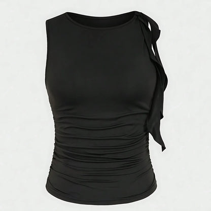 Slim Fit Basic Style Sleeveless round Neck Wrap Single Shoulder Vest Summer Waist Pleated Design Sexy Collarless Tank Top.