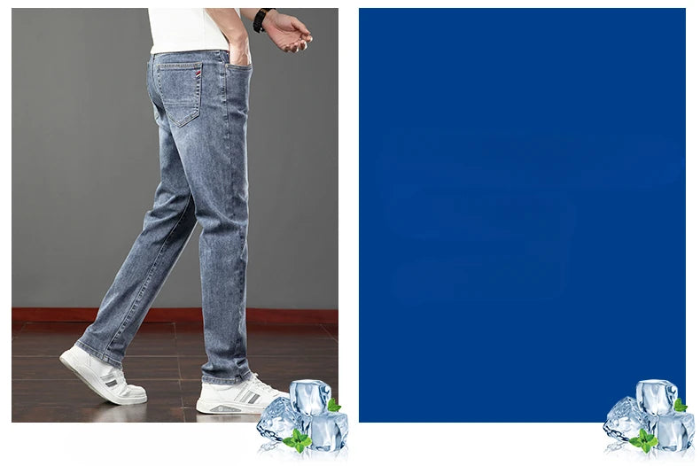 Spring Summer Thin Slim Fit Jeans Mens Elastic Straight Casual Business Denim Pants Washed Classic Brand Clothing Men Trousers.