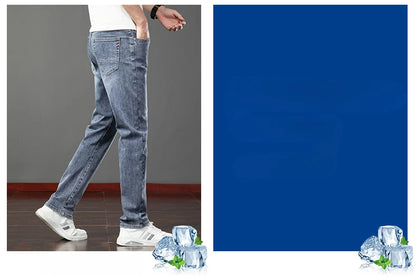 Spring Summer Thin Slim Fit Jeans Mens Elastic Straight Casual Business Denim Pants Washed Classic Brand Clothing Men Trousers.