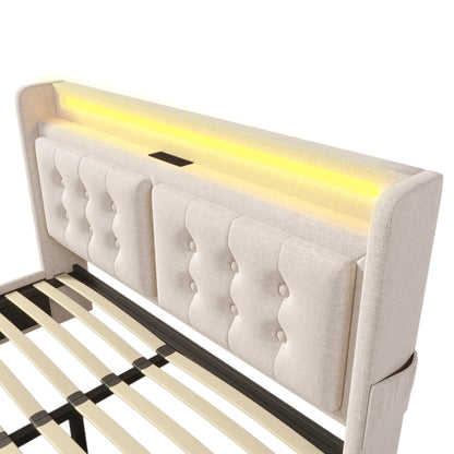 KOMHTOM Doppelbett Baumwolle - LED-Kopfteil, USB C Ladefunktion, 4 Schubladen, ohne Matratze