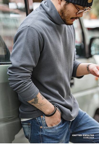 Maden Casual Gray Knitted Turtleneck Sweaters Men's Vintage 310g High Collar Waffle Pullovers Basic Fashion Black Warm Jumper.