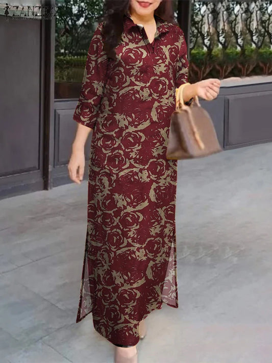 ZANZEA Blumendruck, lässig, lang, Vestidos, reine Baumwolle, Vintage-Stil, Schlitz am Saum, 2024, Herbst-Hemdkleid, 3/4-Ärmel, Damen-Urlaubs-Maxikleid