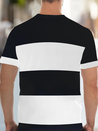 Fashionable men's summer striped print micro elastic breathable round neck T-shirt shorts set outdoor casual two-piece set.