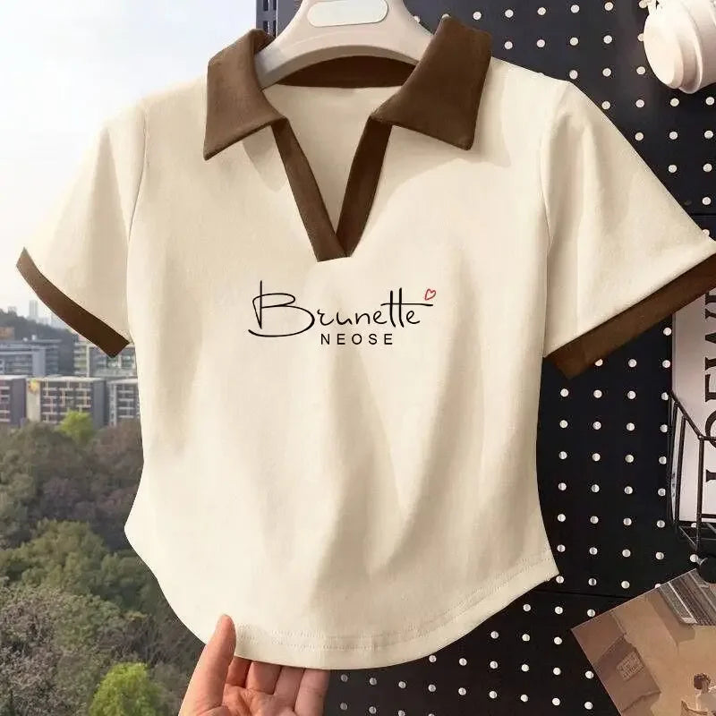 Color Block Polo Neck T-Shirt Women Short Sleeve Classic Lettering Slim Fit V-Neck Top Short Style Cotton Casual Summer New.