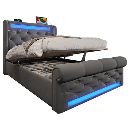 KOMHTOM Modernes Polsterbett Einzelbett 90x200cm mit LED-Leuchten, USB- und Typ-C-Anschlüssen, Hydraulisches Stauraumbett