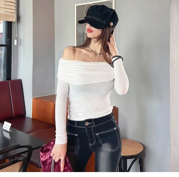 Korean Dongdaemun Spring Summer New Style Elegant One Shoulder Pleated Thin Long Sleeve Slimming Fit Cotton T-Shirt.